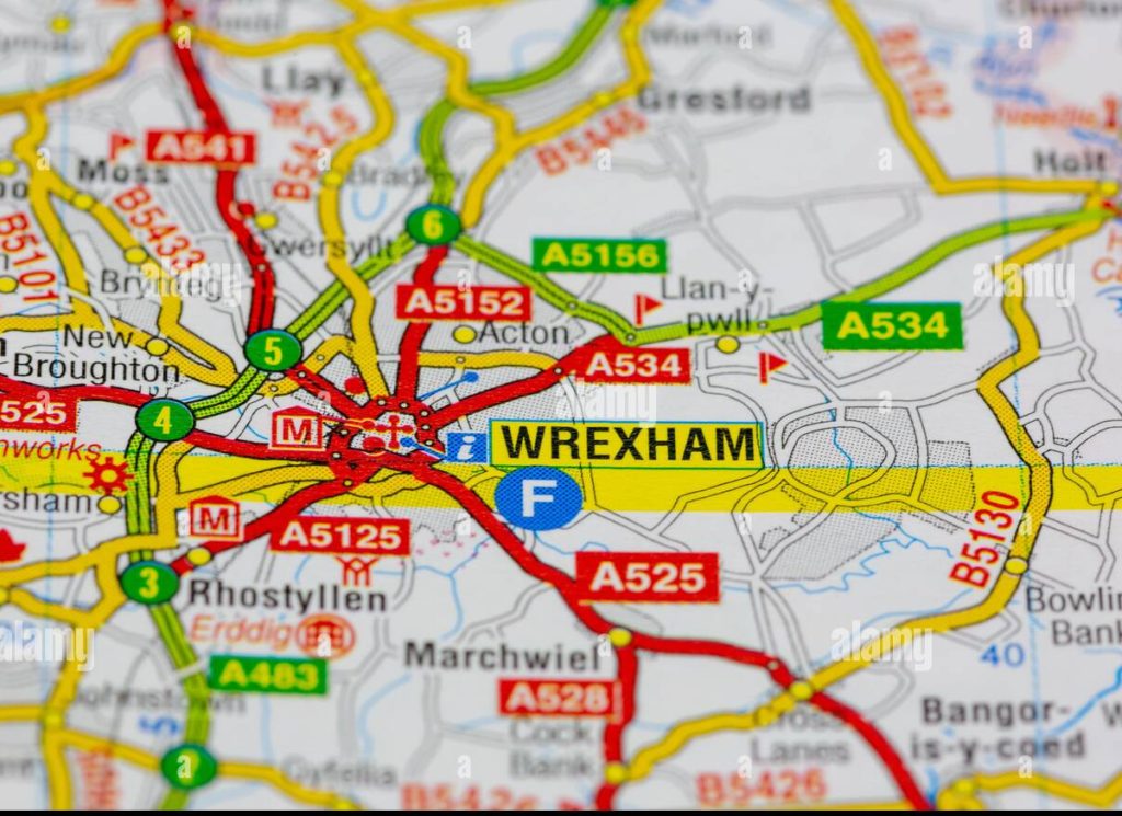 wrexham-and-surrounding-areas-shown-on-a-road-map-or-geography-map ...